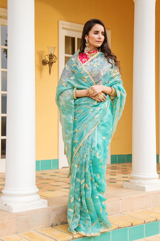 Aari katori Sequins Tissue Light Aqua Saree - Yuvti