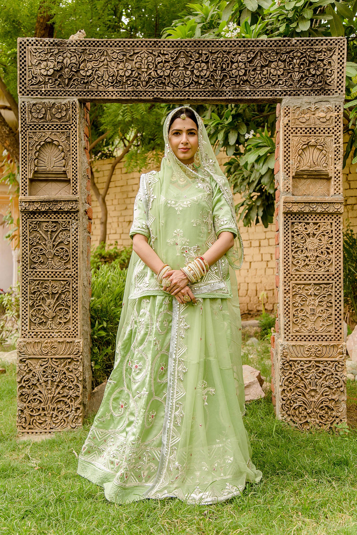 Pista Green bamber satin gota border butti jaal handwork poshak with pure odhna