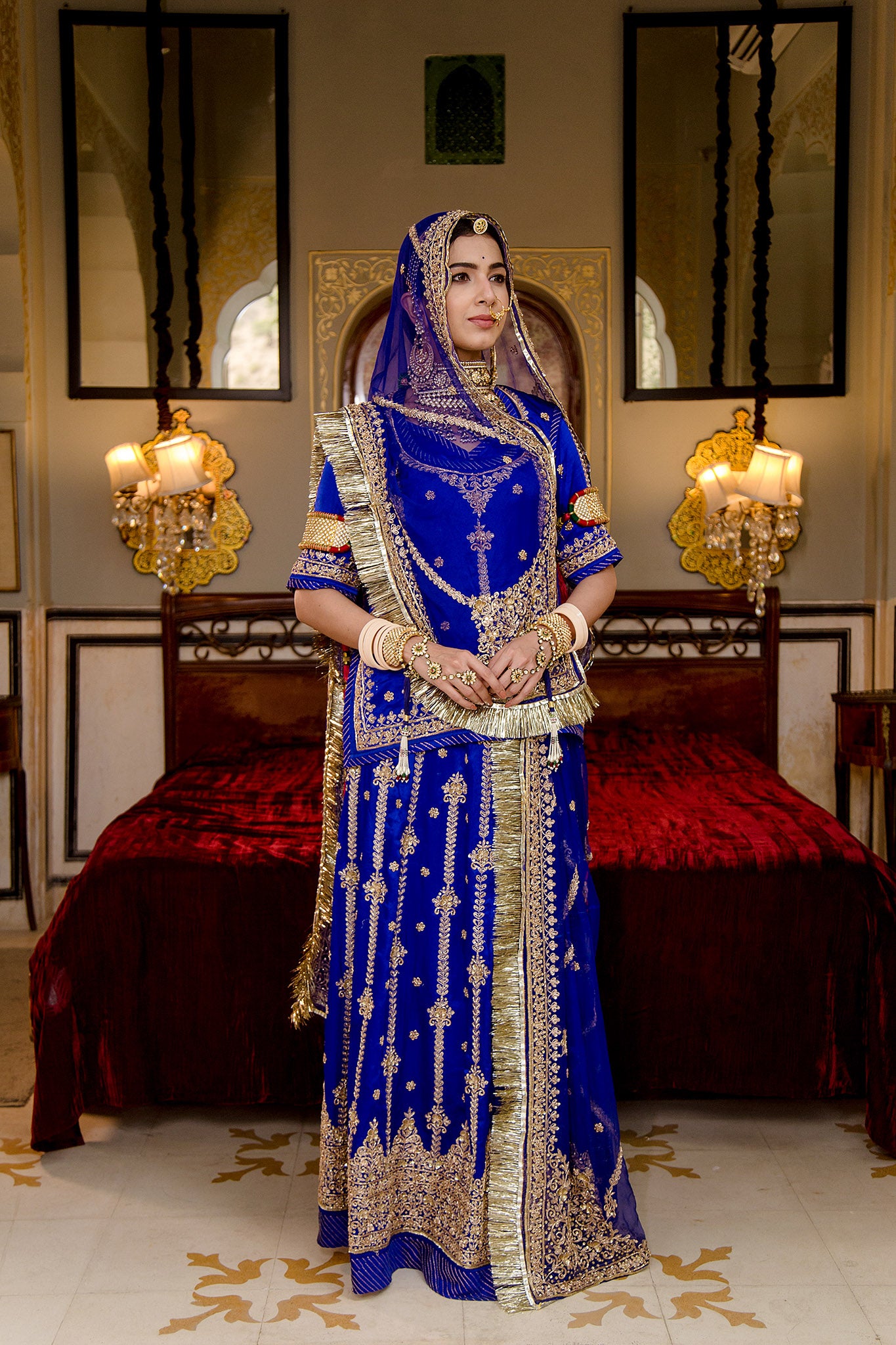 Royal blue pure silk Satin zardozi border butti handwork poshak with pure odhna