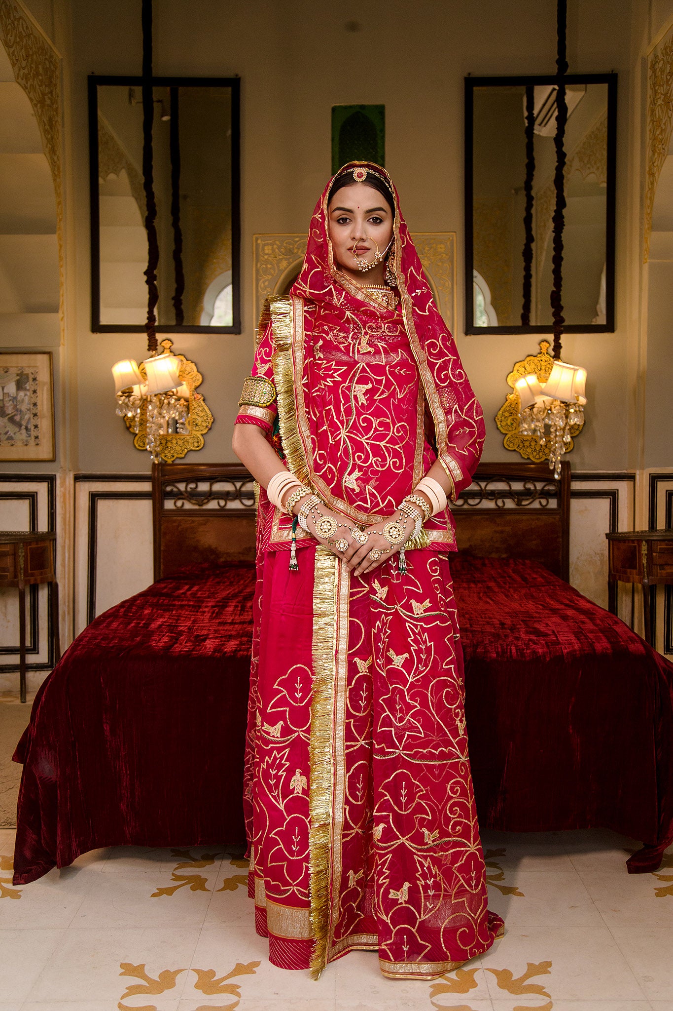 red pure silk Satin sikhiya jaal laffa  handwork poshak with pure odhna