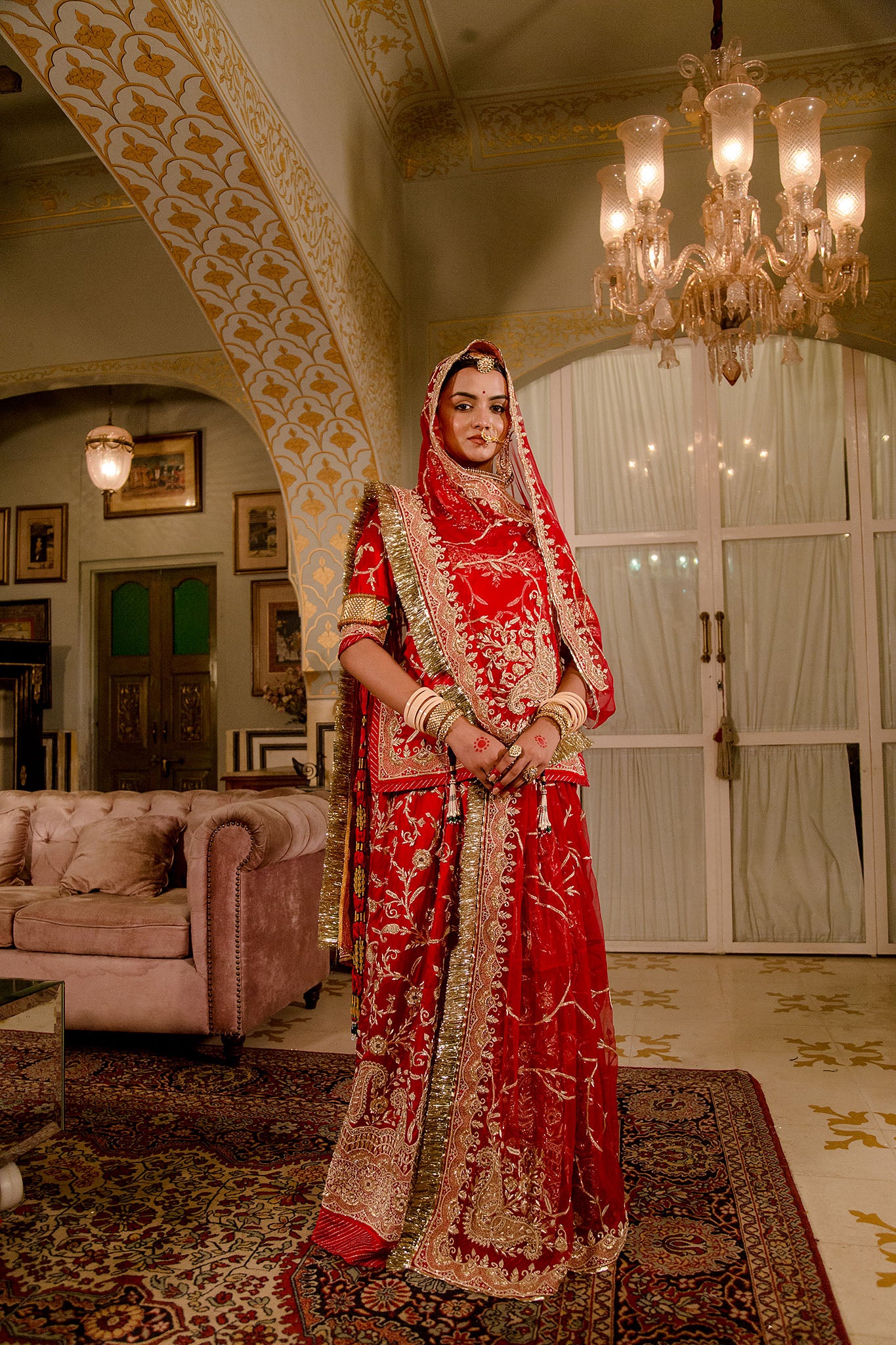 Red pure silk Satin zardozi border jaal handwork poshak with pure odhna