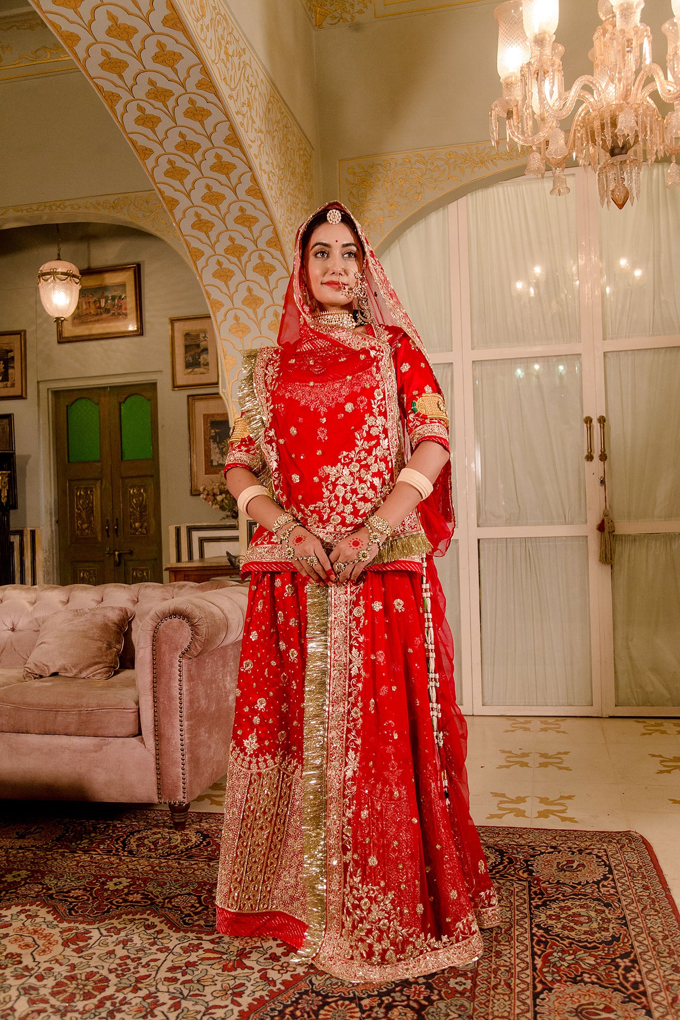 Red pure silk Satin zardozi border butti  handwork poshak with pure odhna