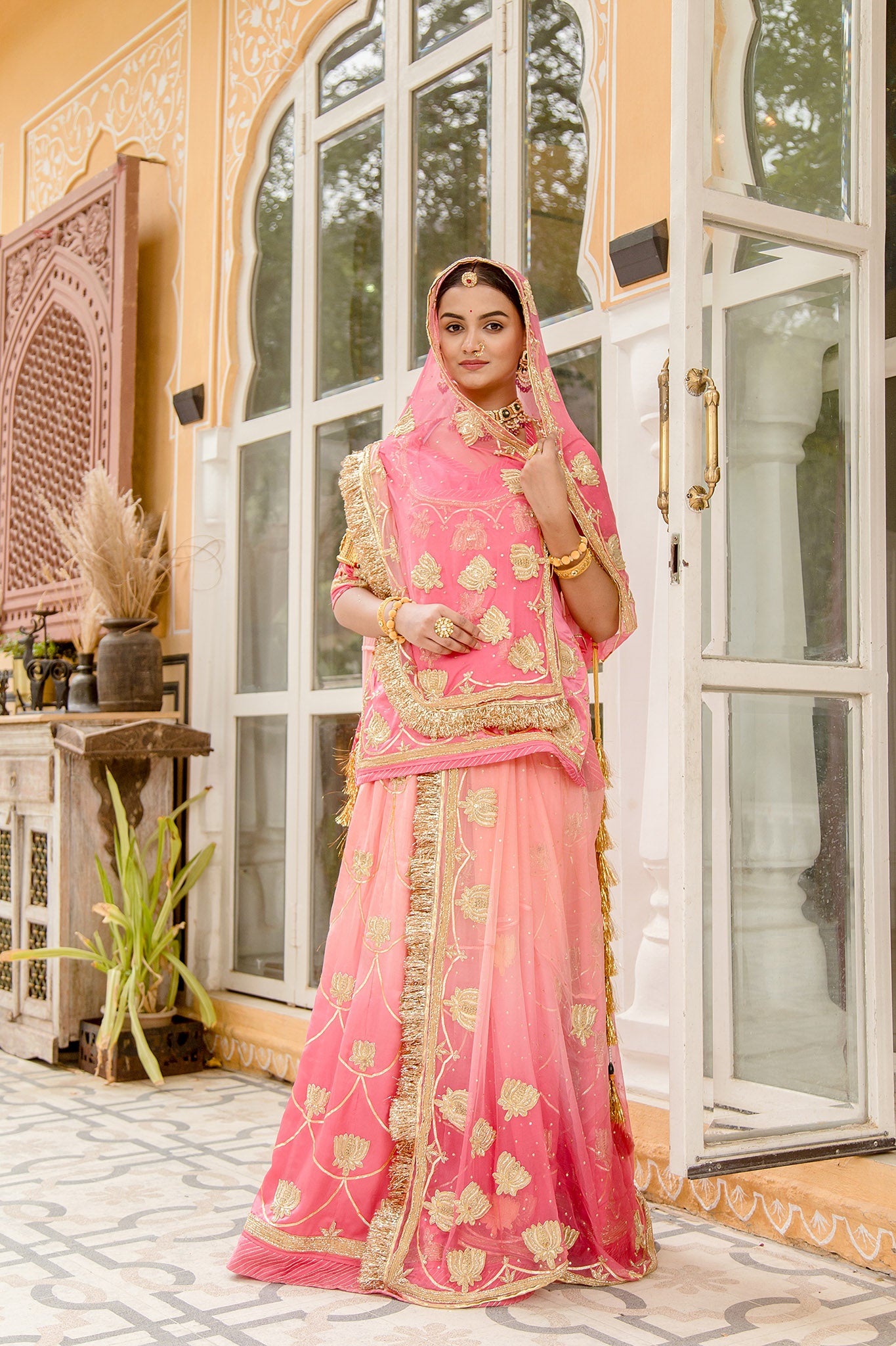 Pink light dark bamber satin sikhiya gota zardozi  handwork poshak with pure odhna