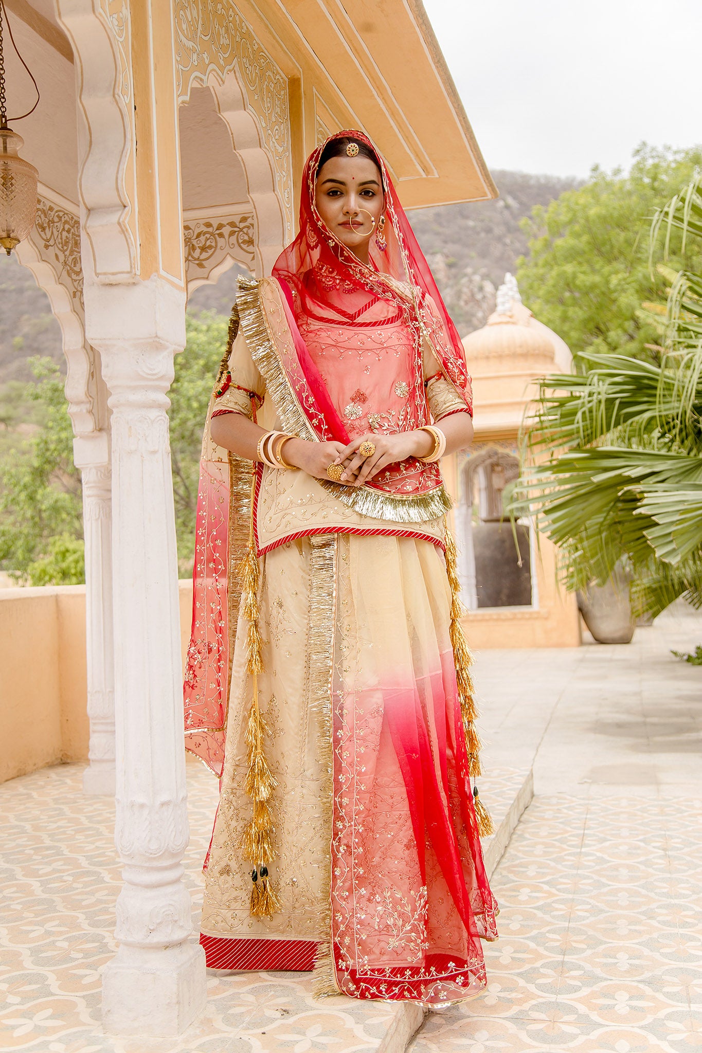 Cream red bamber satin zardozi border butti  handwork poshak with pure odhna
