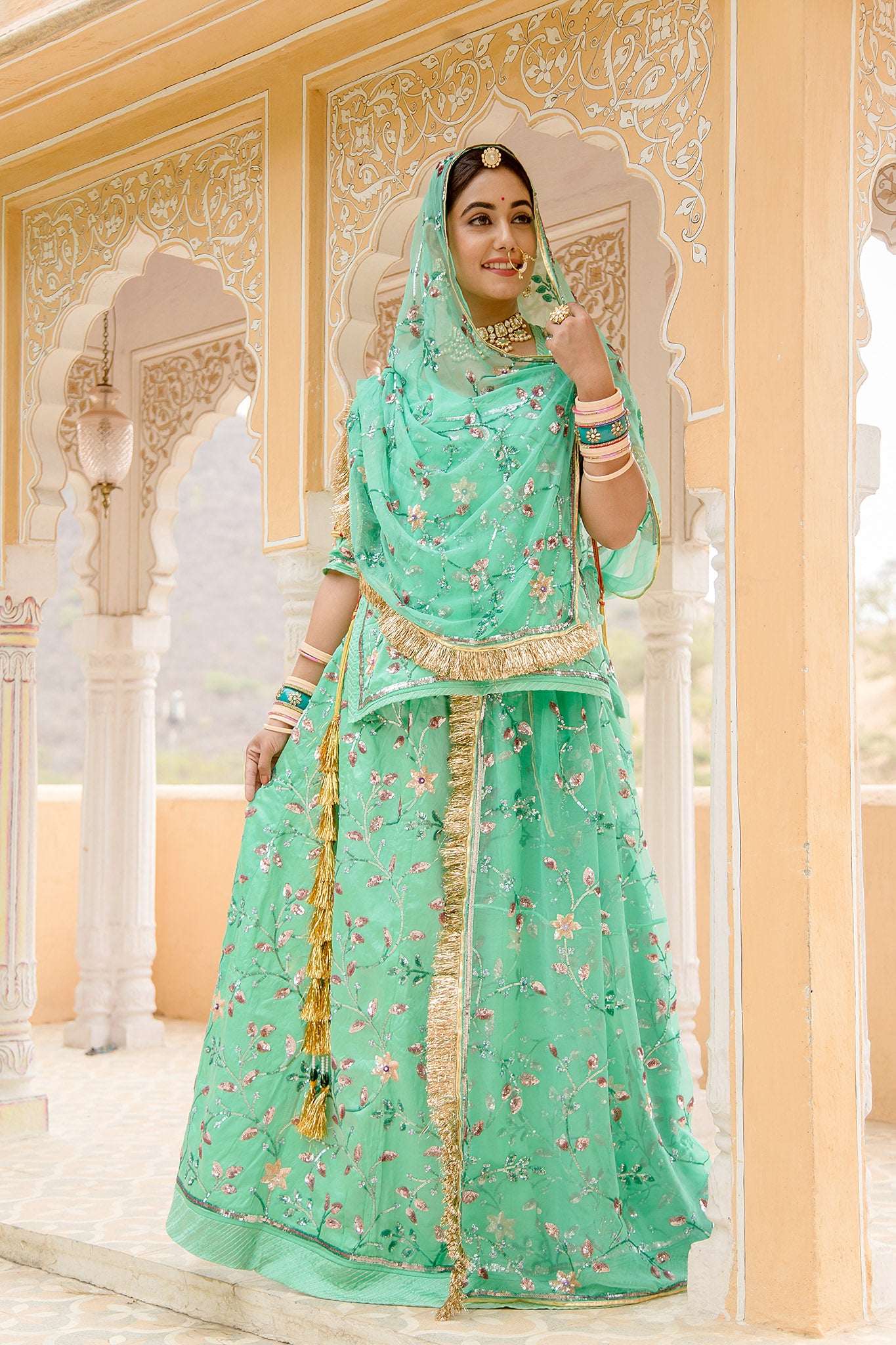 Teal green bamber satin sequins jaal handwork poshak with pure odhna